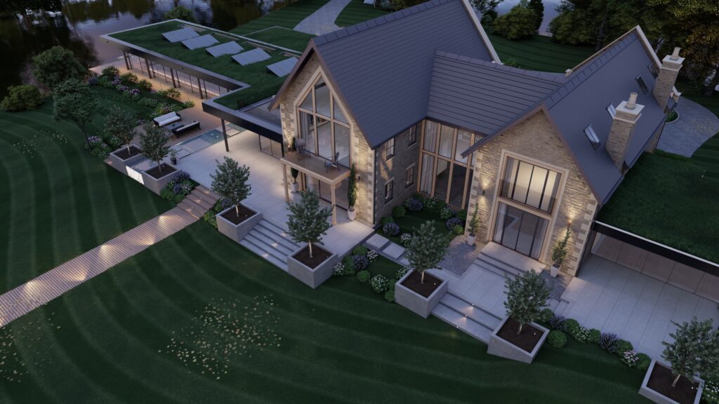 Photorealistic exterior CGI render of a new-build residential development, Midlands